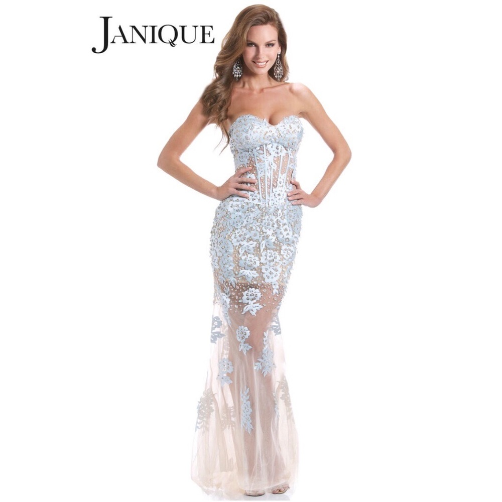 Janique Light Blue Strapless Beaded Illusion Corset Prom Dress